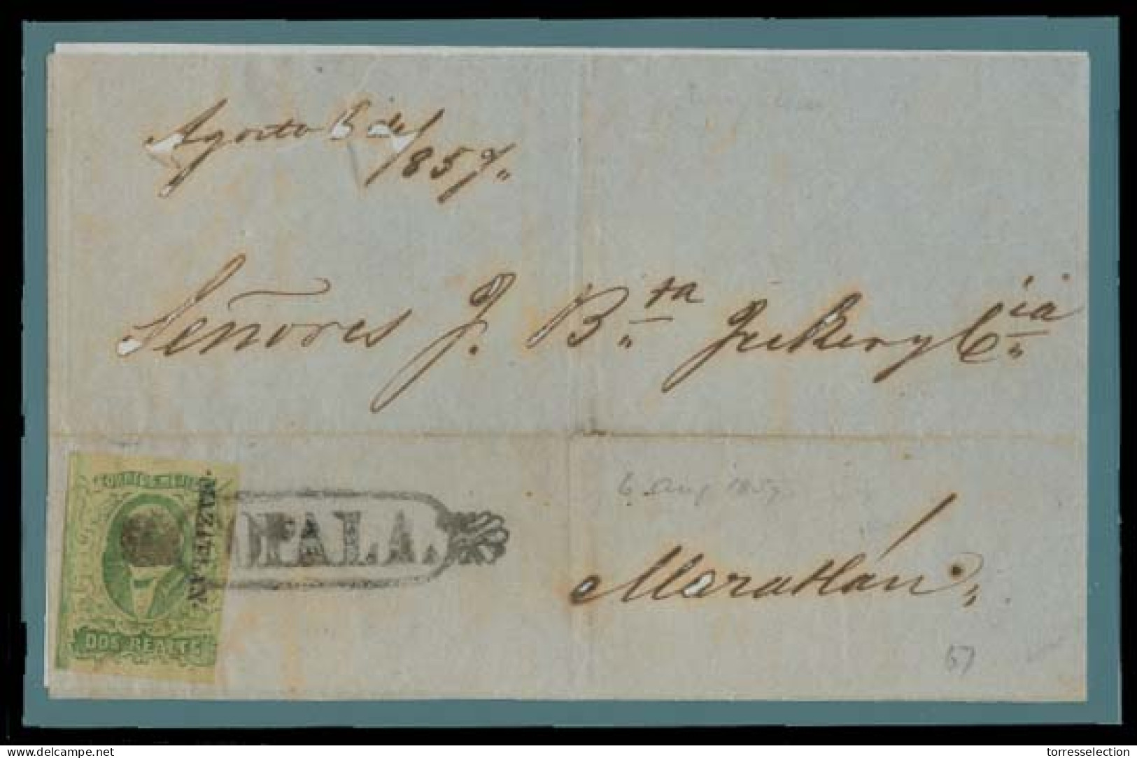 MEXICO. 1857 (6 Ago). Copala - Magatlan. Docketed E Front Bearing 1856 2rs Green - Green, Distric Name, Oval Ornamental  - México