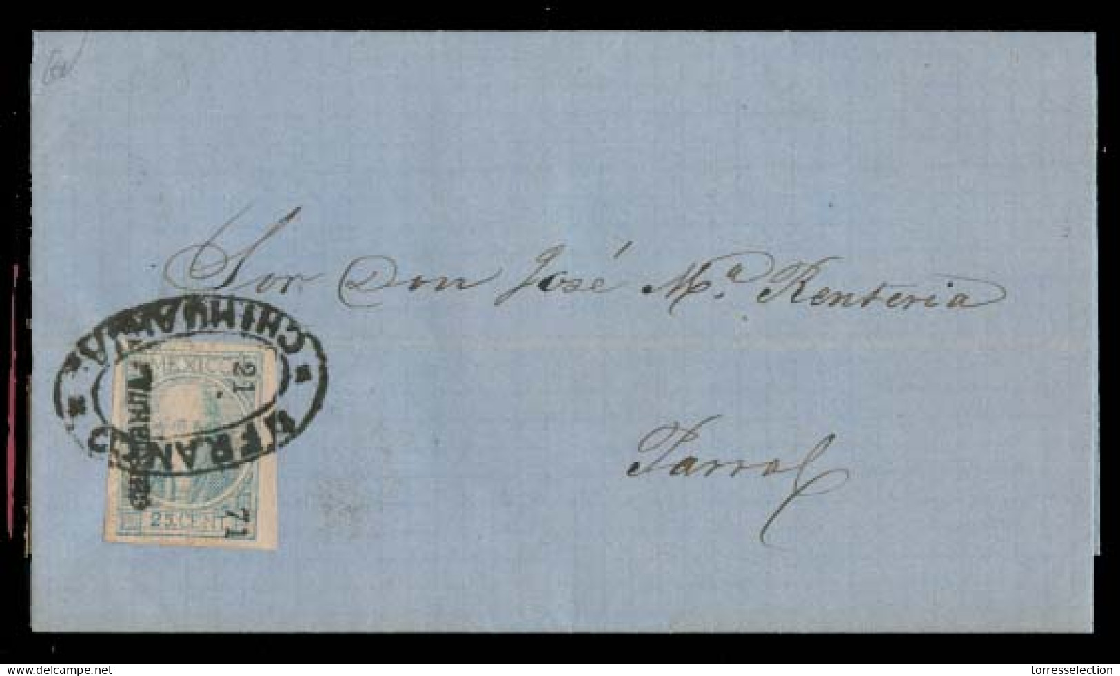 MEXICO. 1871 (15 June). Chihuahua - Parral. EL Full Contains. Fkd 25c / District Name / 21 - 71, Good Margin. Oval Cance - México