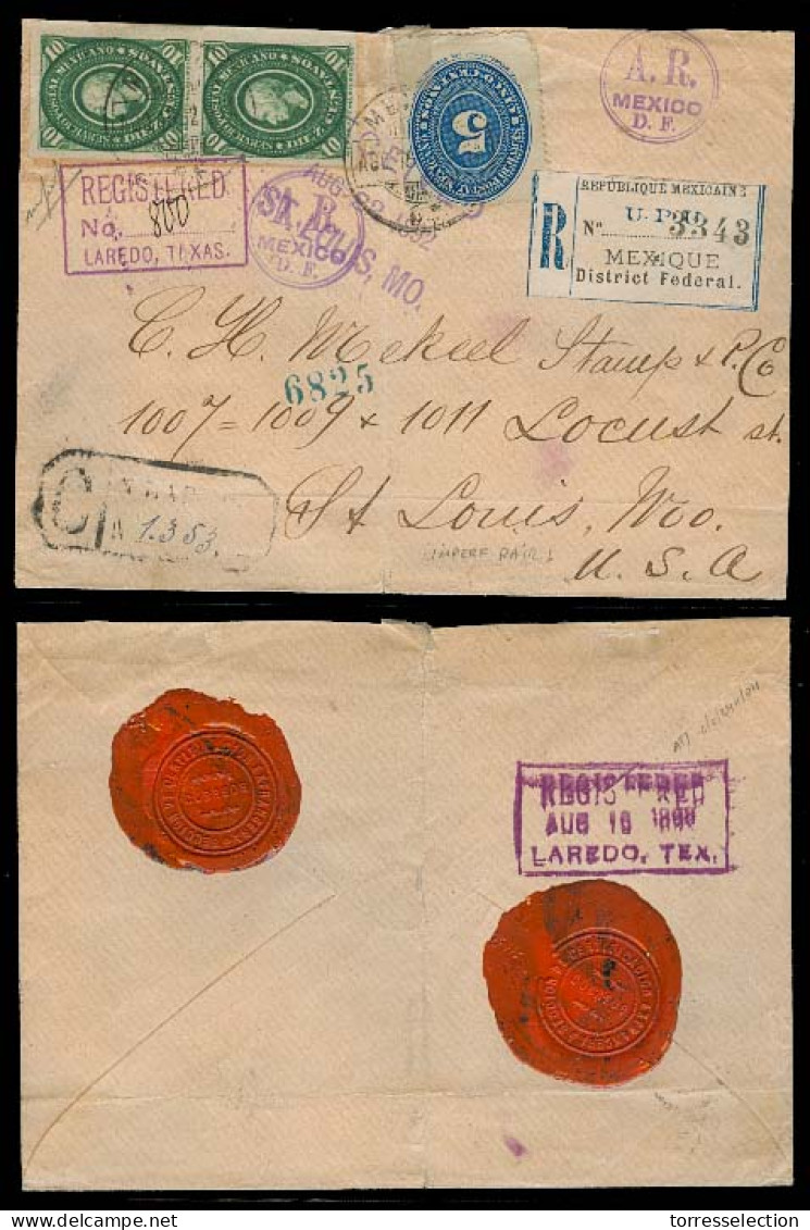 MEXICO. 1892 (12 Aug). DF - USA. Reg AR Multifkd Env, Bearing 5 Numeral + 10c Medalion Imperforate Pair, Tied Cds + Seve - México