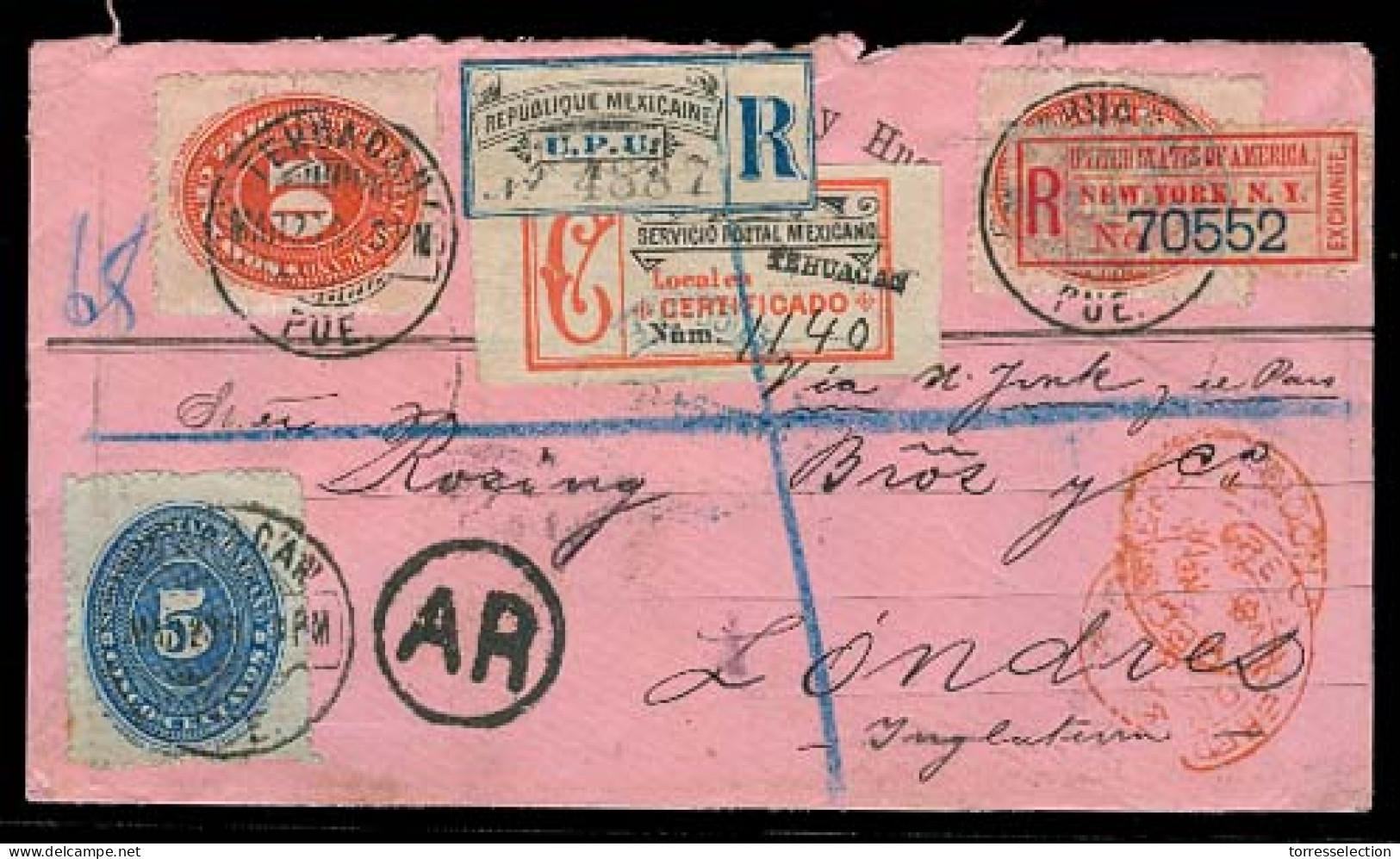 MEXICO. 1894 (20 March). Tehuacan / Puebla - UK. Reg AR Ilustra Pink Multifkd Env. 25c Rate 3R Labels + Aux Marks. VF An - México