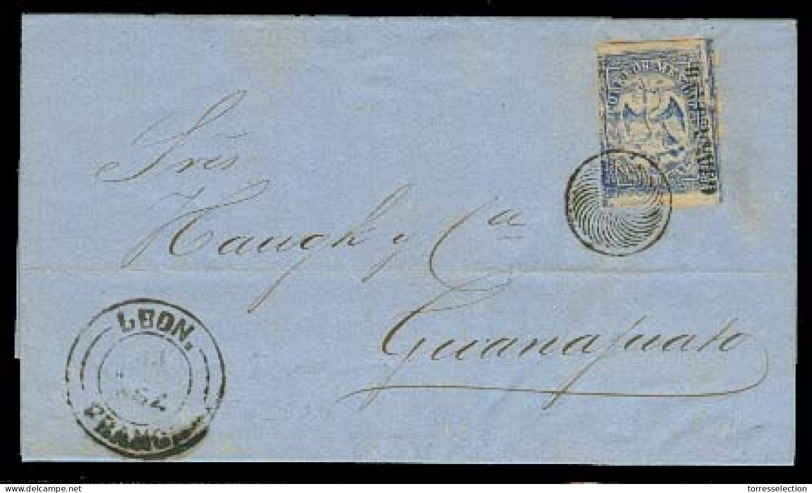 MEXICO. 1864 (31 July). Leon - Guanajuato. First Period. EL Fkd 1rl Name Only Guanajuato / Sun Ring Cds Alongside. VF An - México