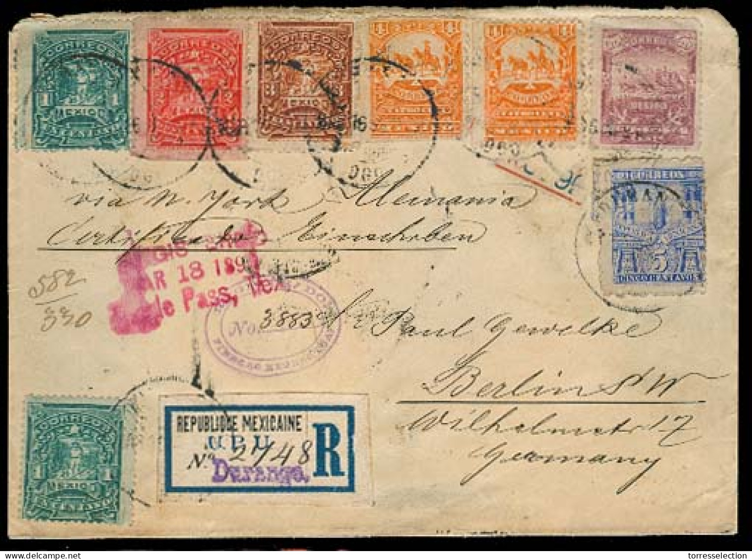 MEXICO. 1896. Durango / Piedras Negras / Cohauila - Germany. Reg Multicolor Fkd Env. Via Texas - NY. 8 Diff Mulitas Stam - México