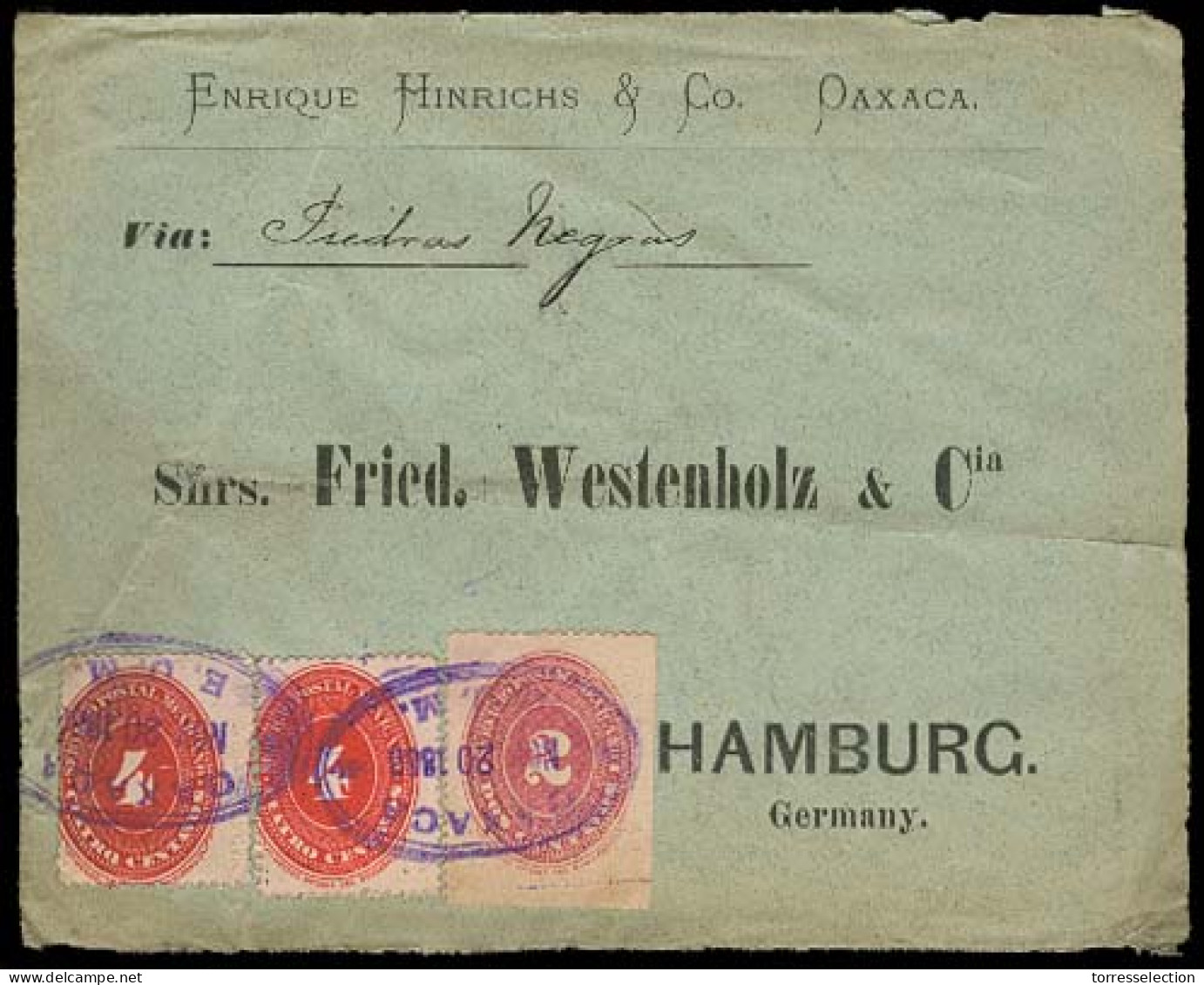 MEXICO. 1888. Oaxaca - Germany. Env Fkd Numerals 4c X 2 + 2c, Diff Issues Oval Ds. Via Piedras Negras. Unusual Comb. - México