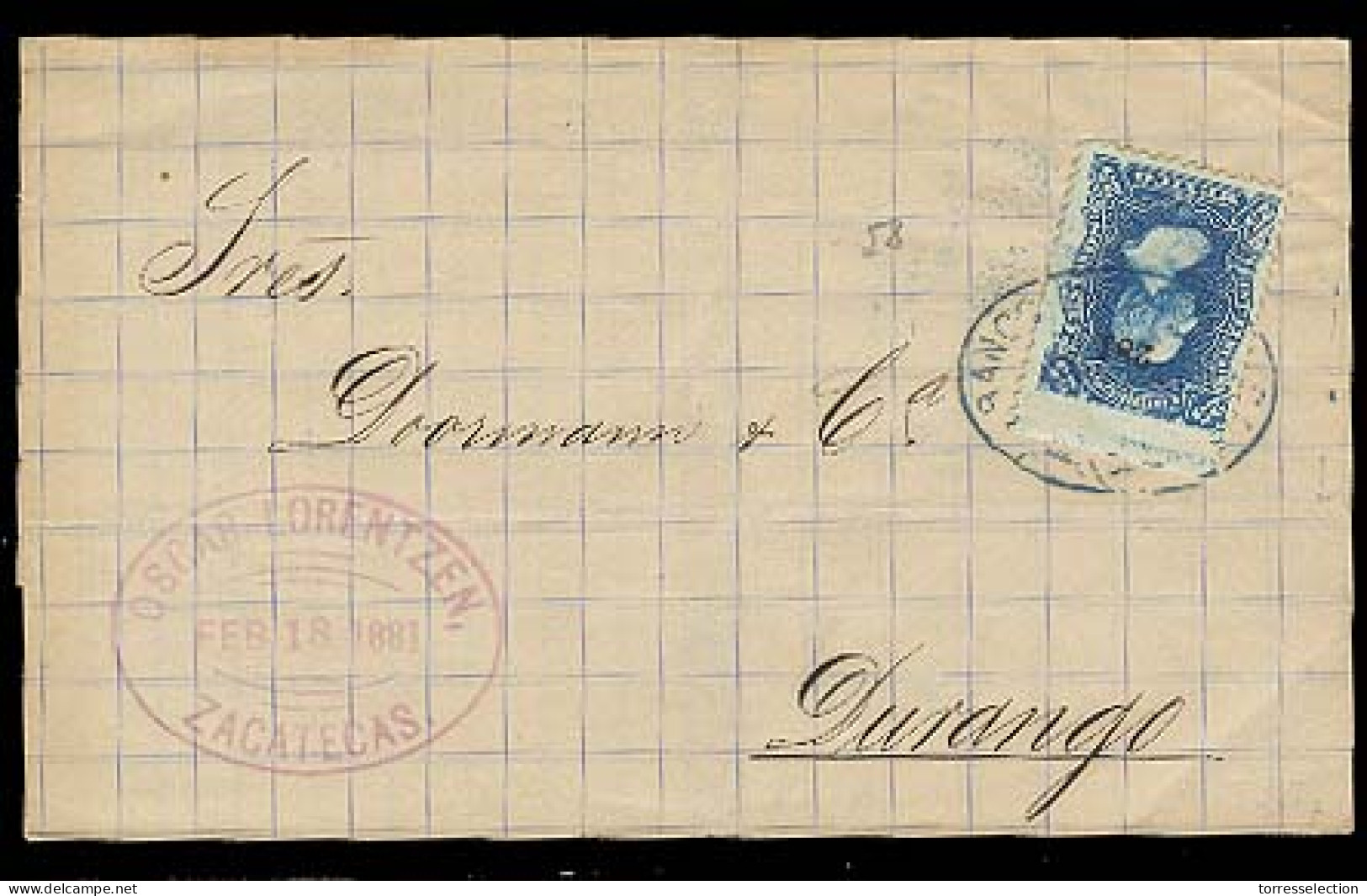 MEXICO. 1881. Zacatecas - Durango. EL. 25c Imperf Uper Margin + Inscription, Blue Oval Ds. VF. - México
