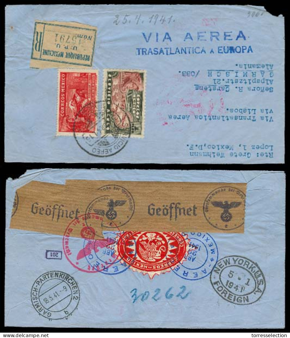 MEXICO. 1941 (29 Abr). DF - Germany. Registr Fkd Env, Stline "Via Aerea / Transatlantica A EUROPA" (xxx) (R) + Transits  - México