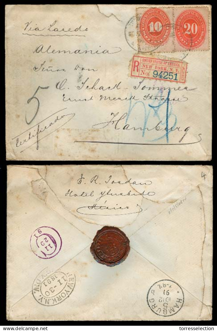 MEXICO. 1891. DF - Germany. Registered Env 10c + 20c Vermilion Numerals. - México