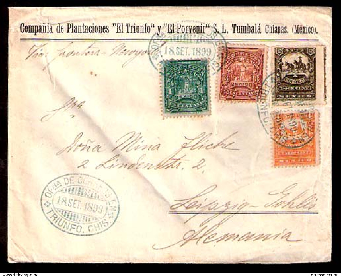 MEXICO. 1899. Triunfo / Chiapas - Germany. Multicolor Mulitas Issue Env. Incl. 12c. Blue Oval Ds. Superb. - México