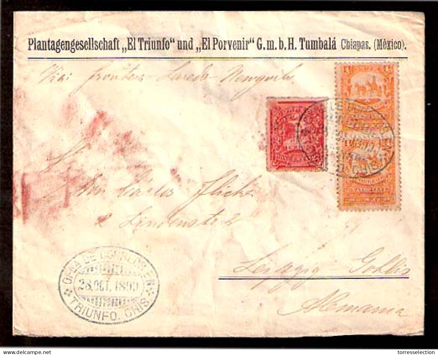 MEXICO. 1899. Tumbalá / Triunfo / Chiapas - Germany. Env. Frkd 2c + 4c (2) Mulitas Issues, Oval Ds. Via Tabasco. Still A - México