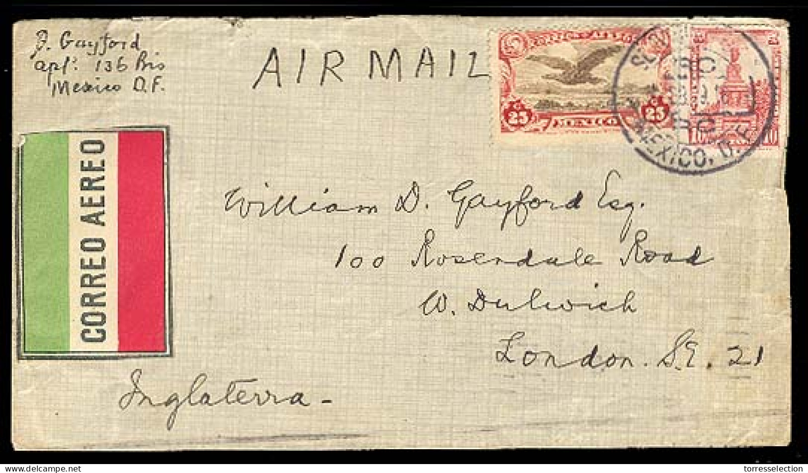 MEXICO. 1929. DF / UK. Airmail Frkd. Env. - México