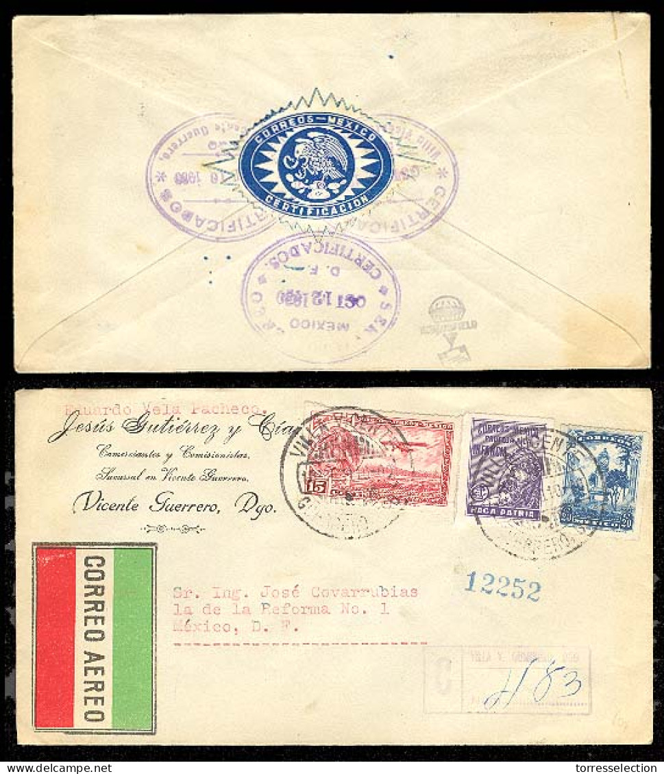 MEXICO. 1930. Villa Vicente Guerrero / Dgo / DF. Registered Multifrkd.  Airmail Env. - México