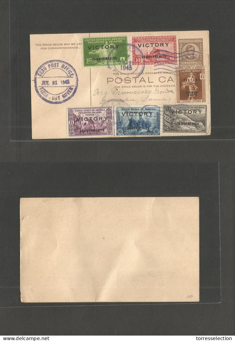 PHILIPPINES. 1945 (21 July) Cebu - Guiuan, Samar. Local 2c Brown Stat Card + Six Adtl VICTORY Ovptd Usage. - Filippine