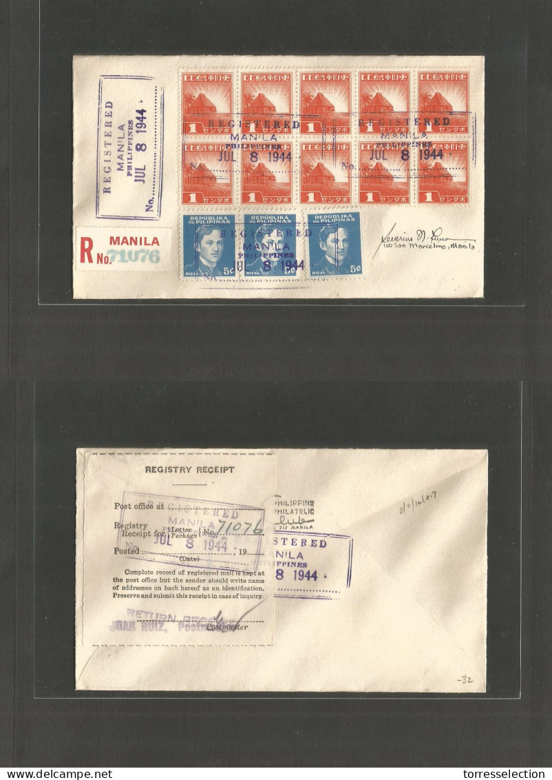 PHILIPPINES. 1944 (8 July) Japanese Occup. Registered Local Signed Severino Registered Multifkd + R-Label Reverse Envelo - Filipinas
