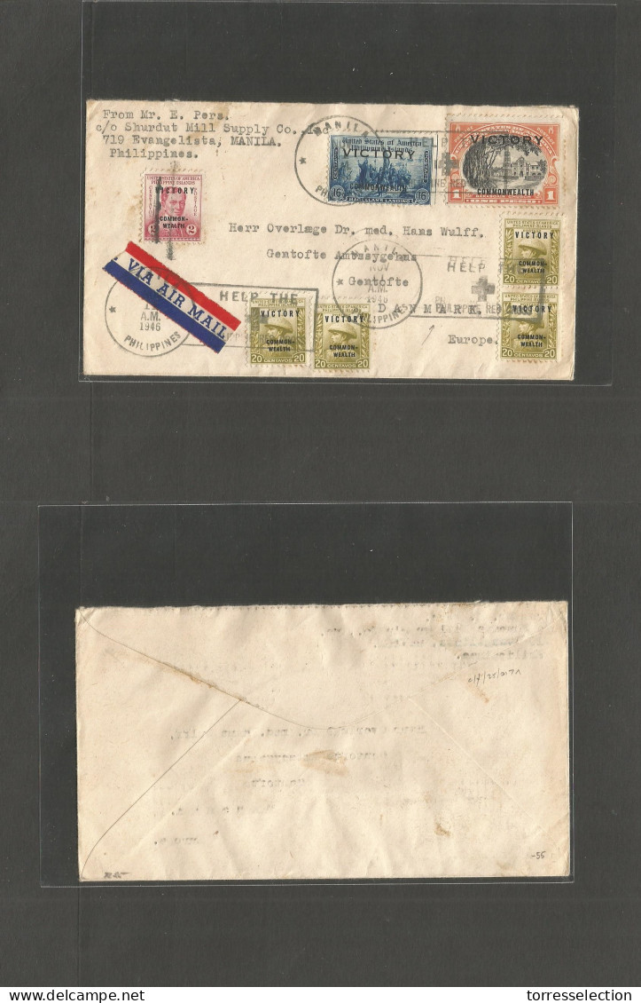 PHILIPPINES. 1946 (Nov 11) Manila - Denmark, Gentofte. Victory Ovptd Issue. Multifkd Airmail Enelope. Slogan Cancel: Hel - Philippines