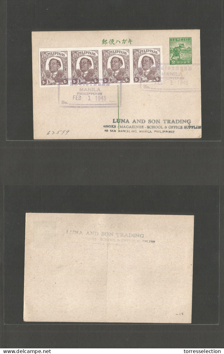 PHILIPPINES. 1945 (1 Feb) Late Japanese Occup Usage. 2y Green Stat Card + Adtl Strip Of Four 5s Bown Registration Cache. - Filippine