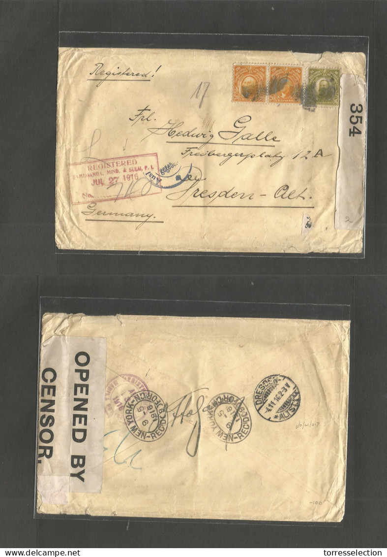 PHILIPPINES. 1916 (27 July) WWI, Zamboanga - Germany, Dresden (4 Nov) Registered Multifkd WWI + Censor US Envelope Via N - Filippine