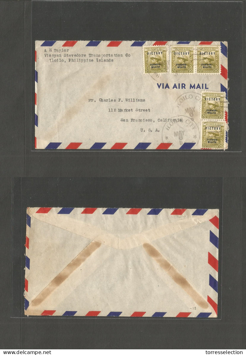 PHILIPPINES. C. 1945-6 Ilo Ilo City - USA, SF, CAL. Air Victory Ovptd Issue Multifkd Envelope. - Philippines