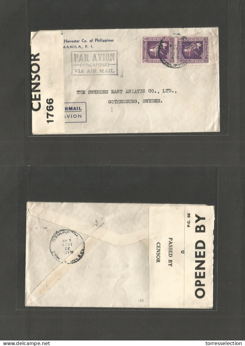 PHILIPPINES. 1939 (Aug 25) Manila - Sweden, Gotheburg. Air Via Singapore Fkd Envelope + Doble  British Censor (Singapore - Philippines