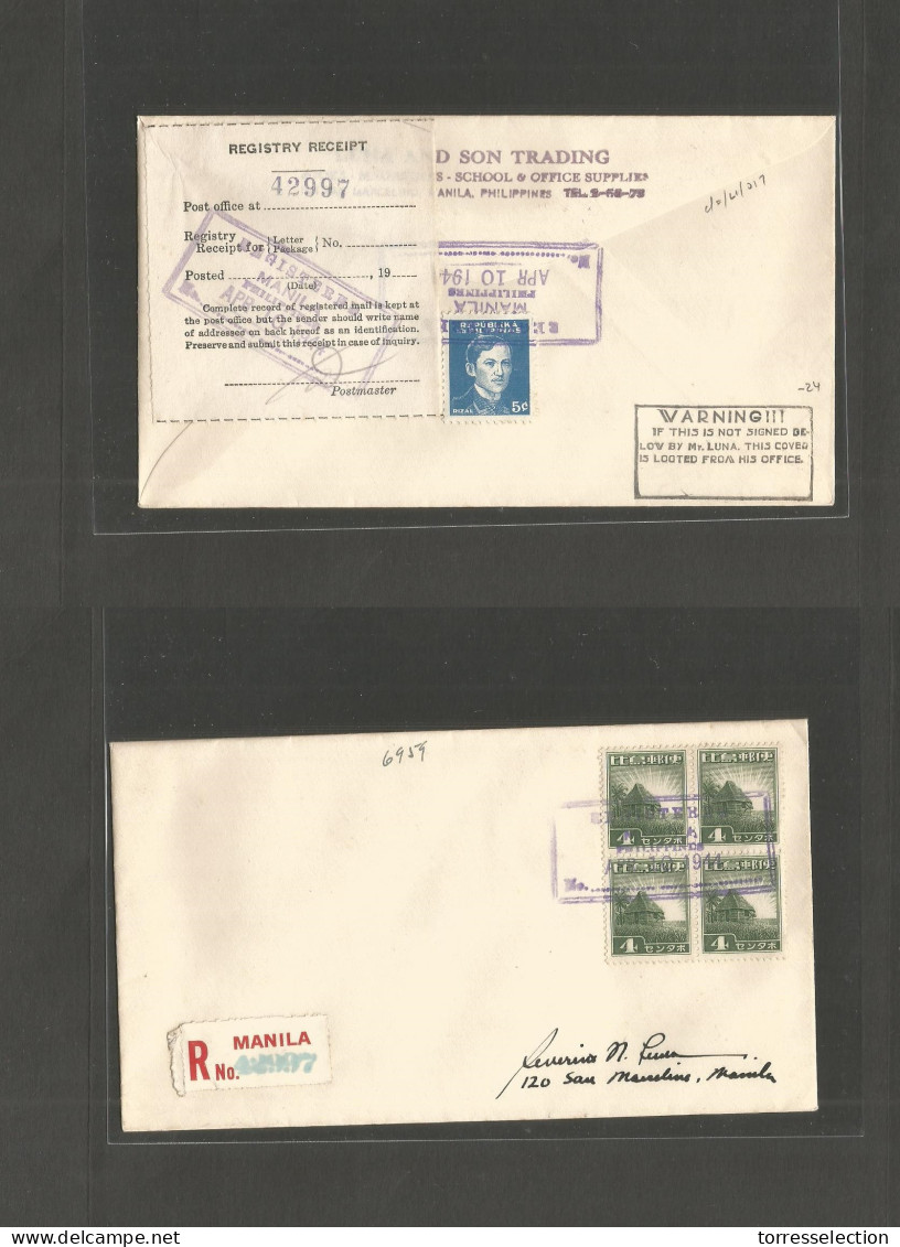 PHILIPPINES. 1944 (10 Apr) Japan Occup. Local Registered Envelope, Block Of Four + Reverse Several Cachet + Label + Furt - Filippine