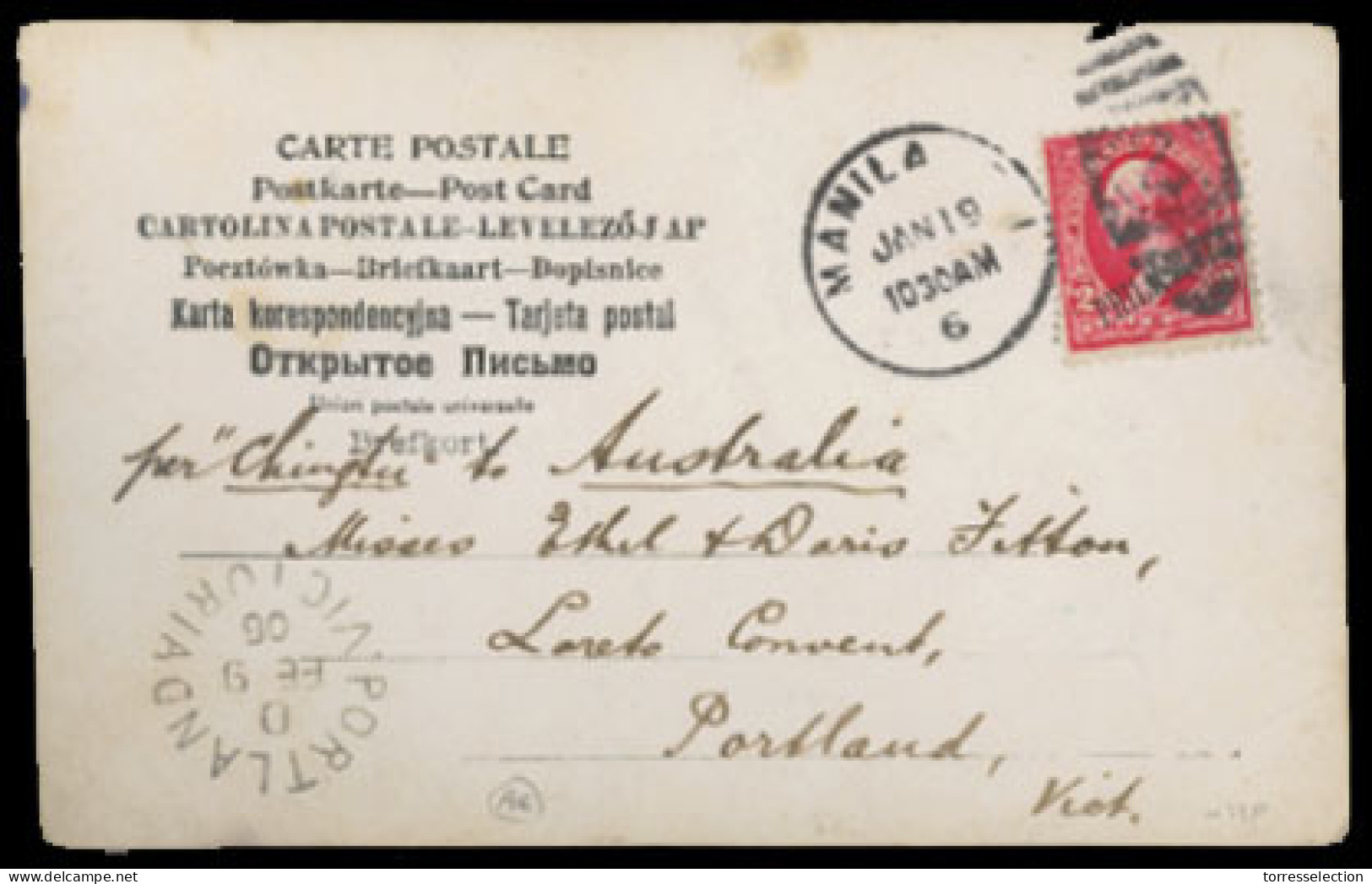 PHILIPPINES. USA (PHILIPPINES). 1906(Jan 19th). Postcard To Australia Endorsed ‘per Chingtu’ Franked By Overprinted 1903 - Philippines