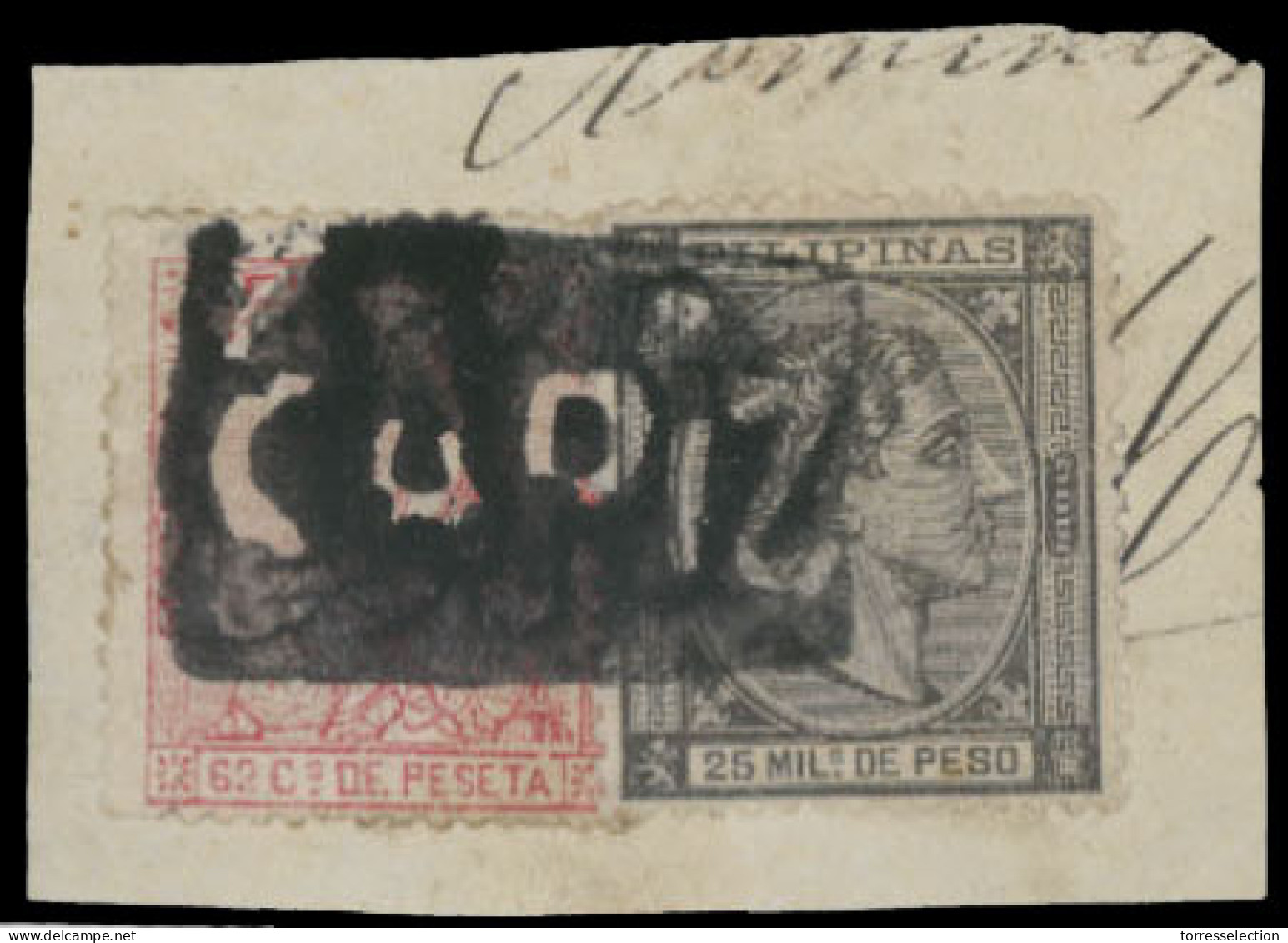 PHILIPPINES. SPANISH PHILIPPINES. C1879. Small Piece Franked By 1878 25m Black And 1874 62c Rose Red Tied By Rare Negati - Philippines