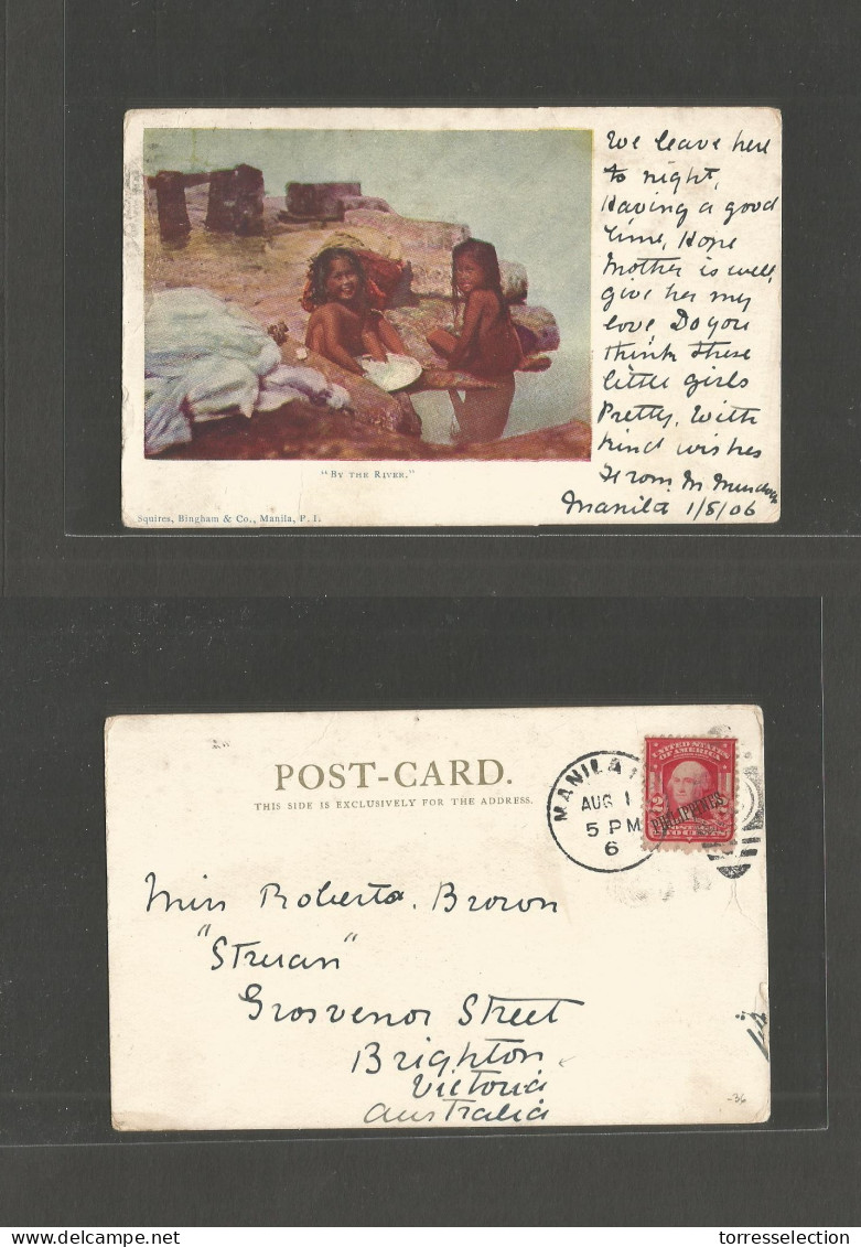 PHILIPPINES. 1906 (1 May) Manila - Australia, Victoria, Brighton. Rare Early Chronolitho Fkd Card: Girls By The River. - Filippine