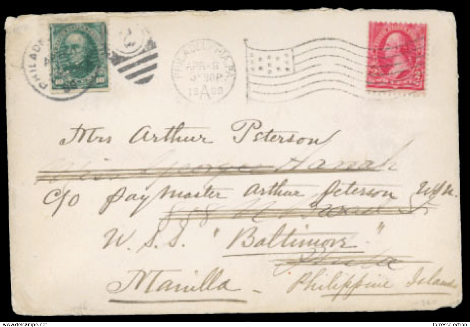 PHILIPPINES. USA-PHILIPPINES. 1899(April 8th). Cover Franked By 2c Rose From Philadelphia To Baltimore, Readdressed With - Filippine