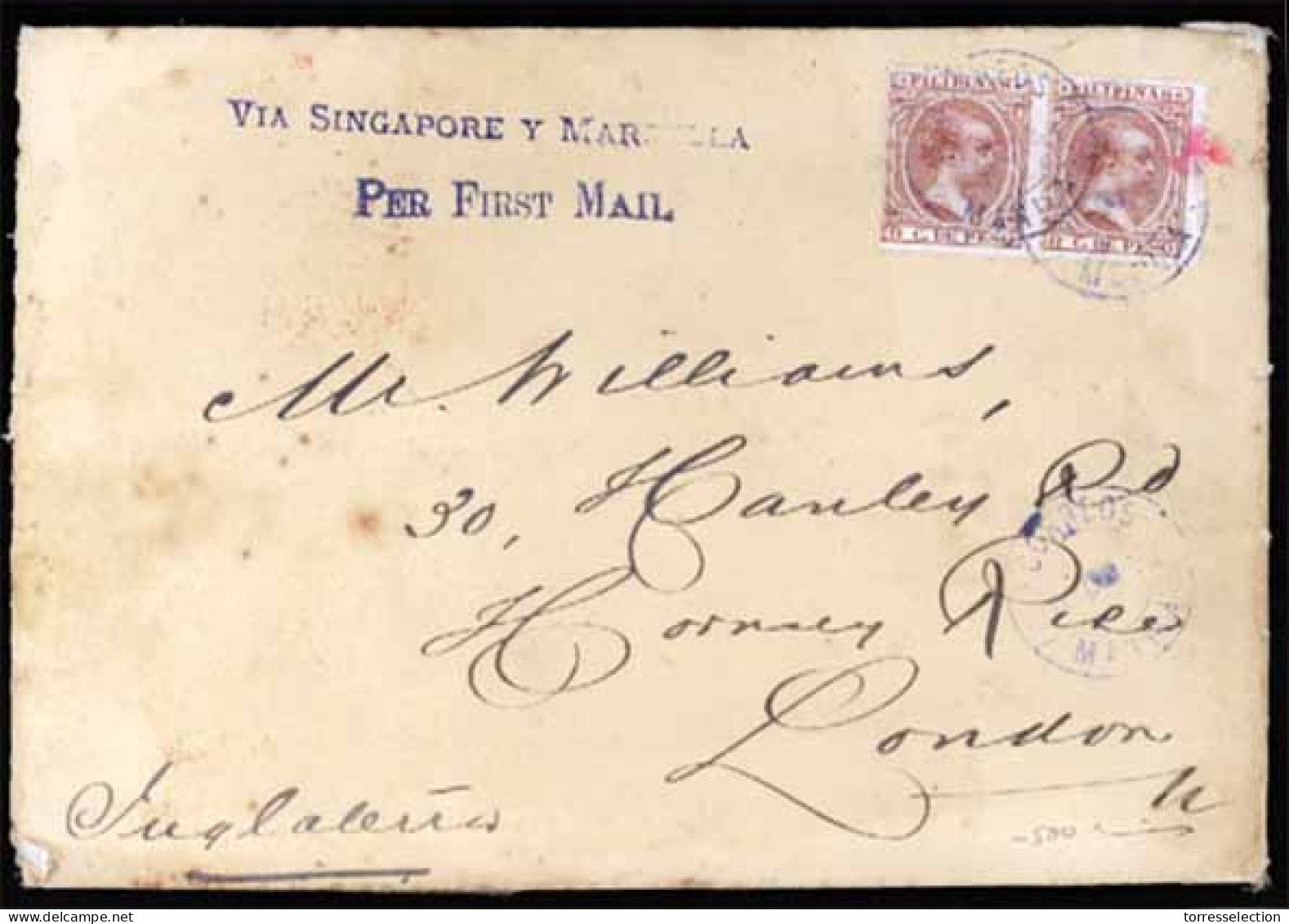 PHILIPPINES. SPANISH PHILIPPINES. 1894(Dec 10th). Cover To London With Private ‘Via Singapore Y Marsella-Per First Mail’ - Filippine