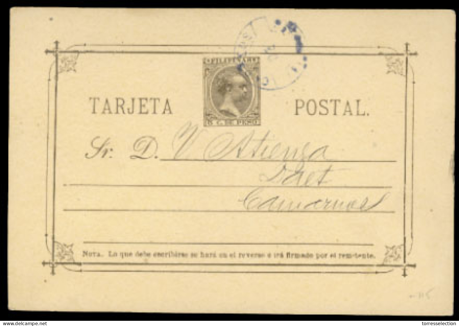 PHILIPPINES. SPANISH PHILIPPINES. 1896(May 14th). 5c Grey Brown On Straw Postal Stationery Card Used With Over-inked Cor - Philippines