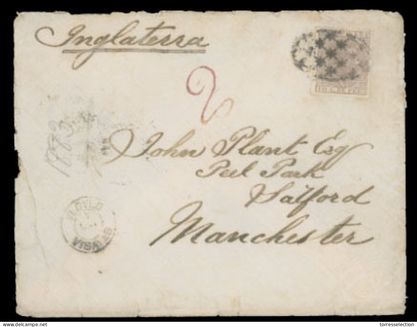 PHILIPPINES. SPANISH PHILIPPINES. 1883. Cover To Manchester, UK Franked By Single 1882 10c Brown Lilac Tied By Network H - Philippines