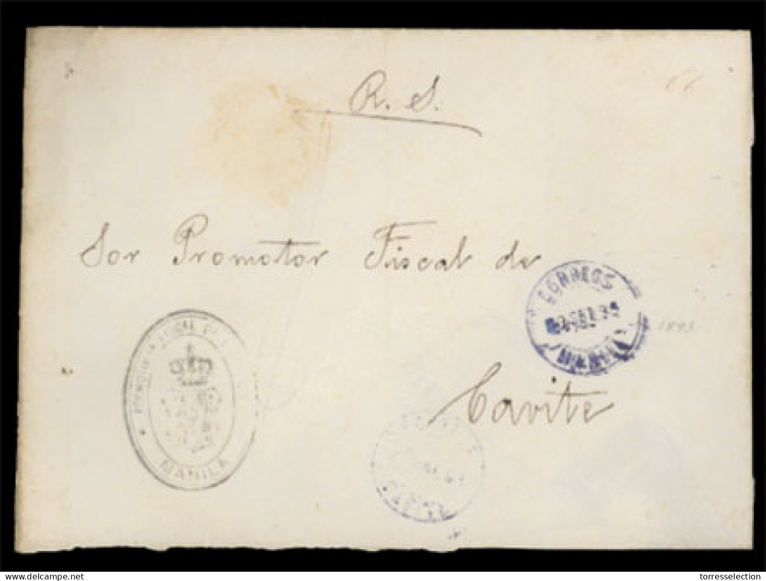 PHILIPPINES. SPANISH PHILIPPINES. 1893(Sept 9th). Official Cover To Cavite With Oval Crown Cachet In Black At Left, Blue - Philippines