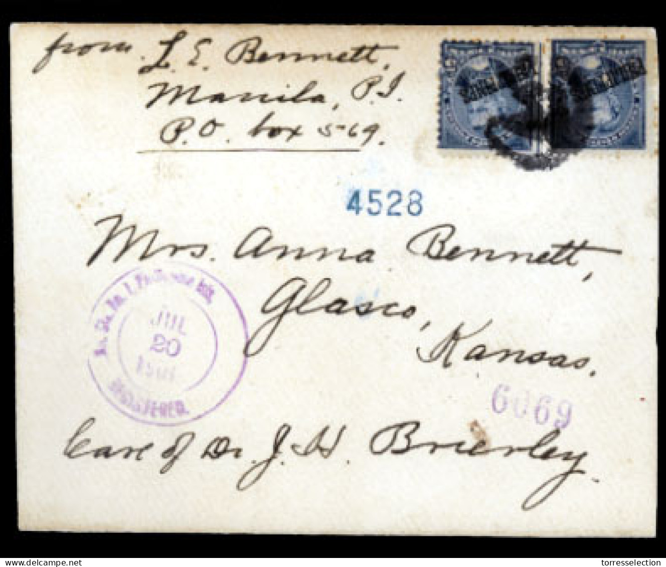 PHILIPPINES.  USA (PHILIPPINES). 1901(July 20th). Registered Cover To Kansas Franked By Overprinted 1899 2x5c Blue Tied  - Filippijnen