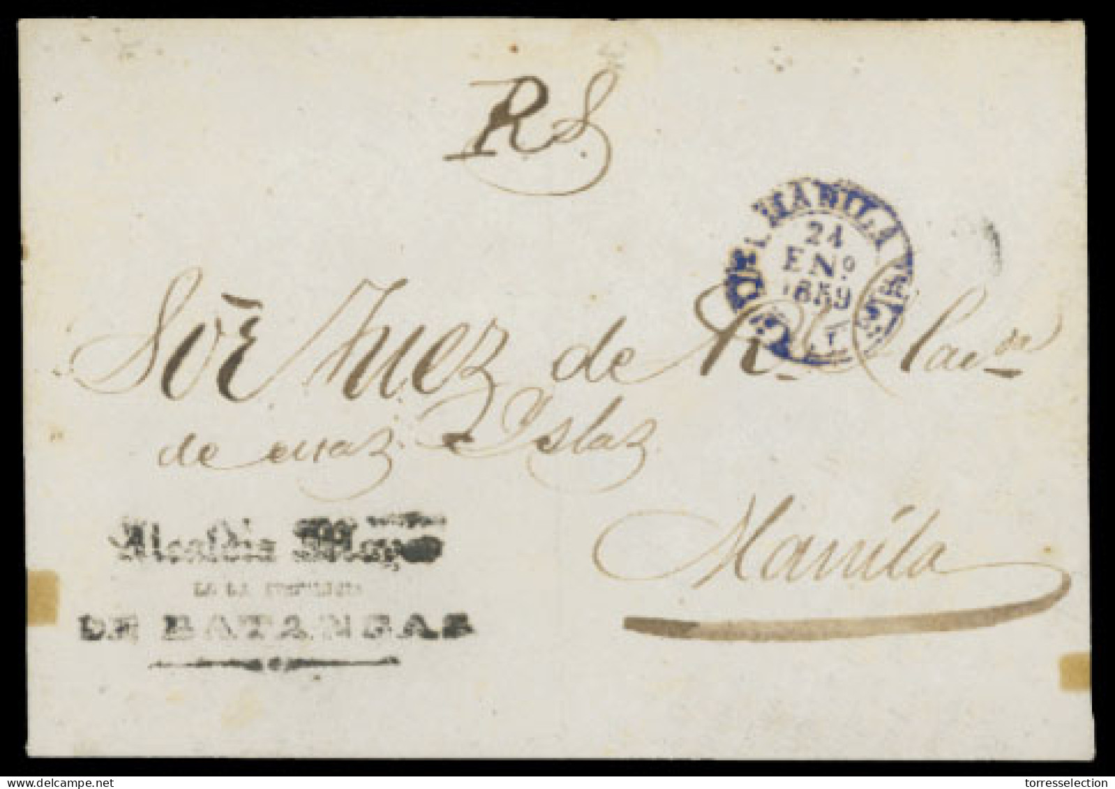 PHILIPPINES. SPANISH PHILIPPINES. 1859(Jan 24th). Cover To Manila With Three Line Official Cachet From BATANGAS With Fin - Filippine