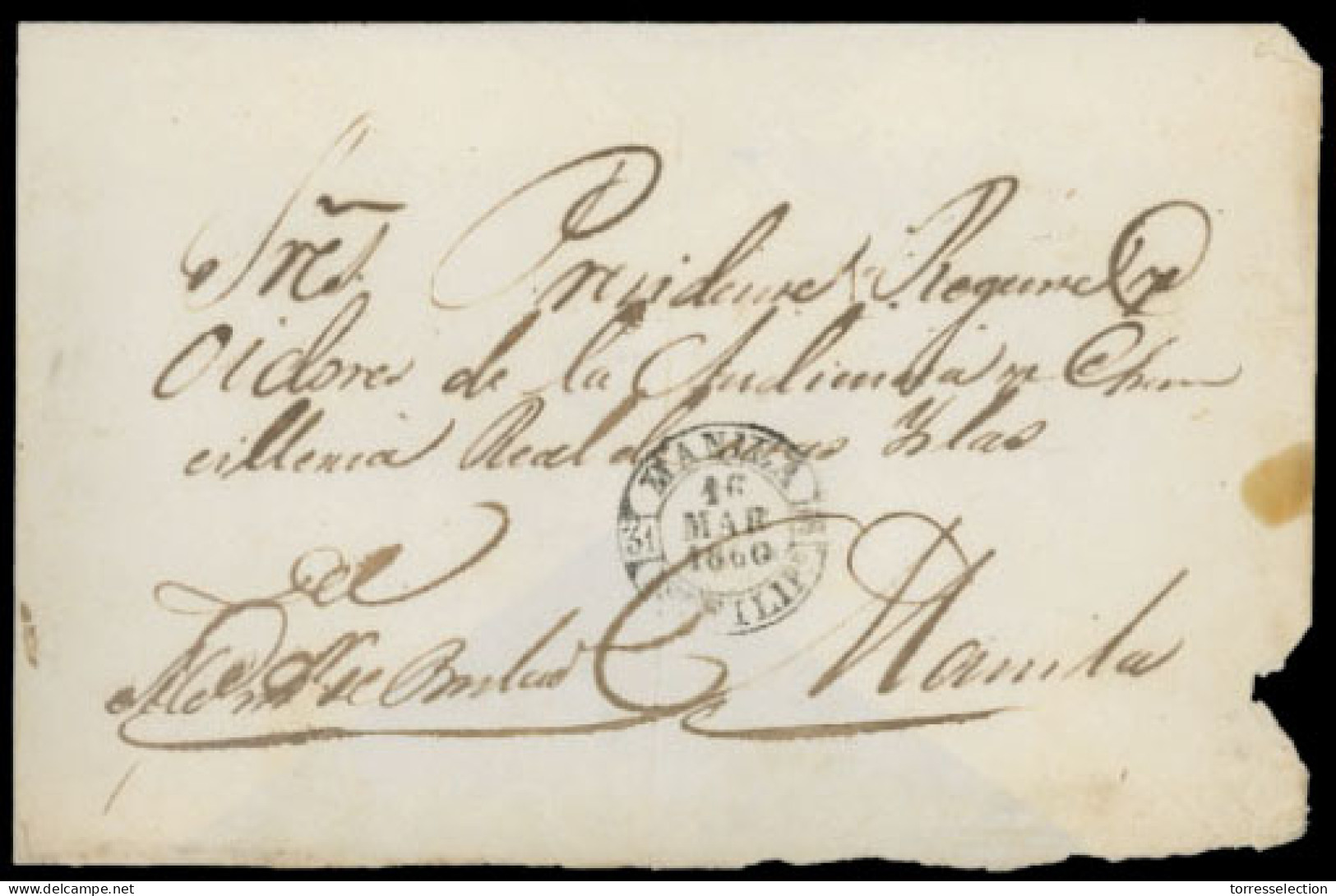 PHILIPPINES. SPANISH PHILIPPINES. 1860(March 16th). Cover Front To Manila With Very Fine Strike Of ‘Manila-Filip’ Arriva - Philippines