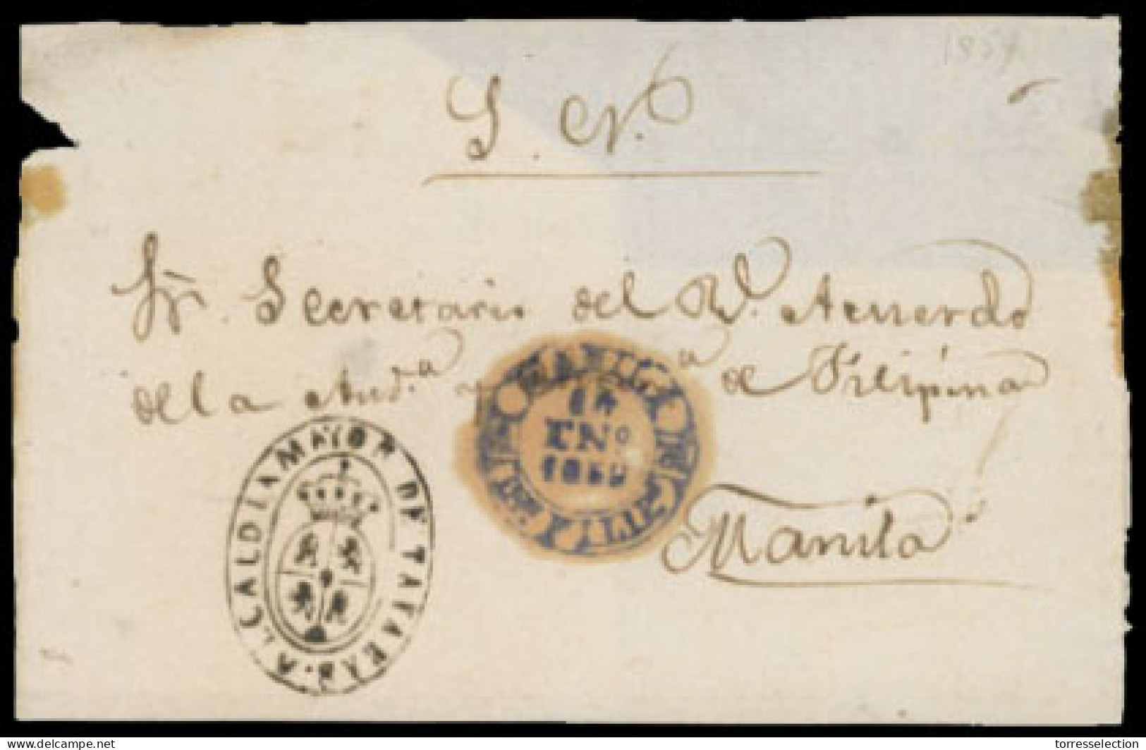 PHILIPPINES. SPANISH PHILIPPINES. 1859(Jan 14th). Official Cover To Manila With Crown Cachet Of ‘Mayor De Tavaras Alcald - Philippines