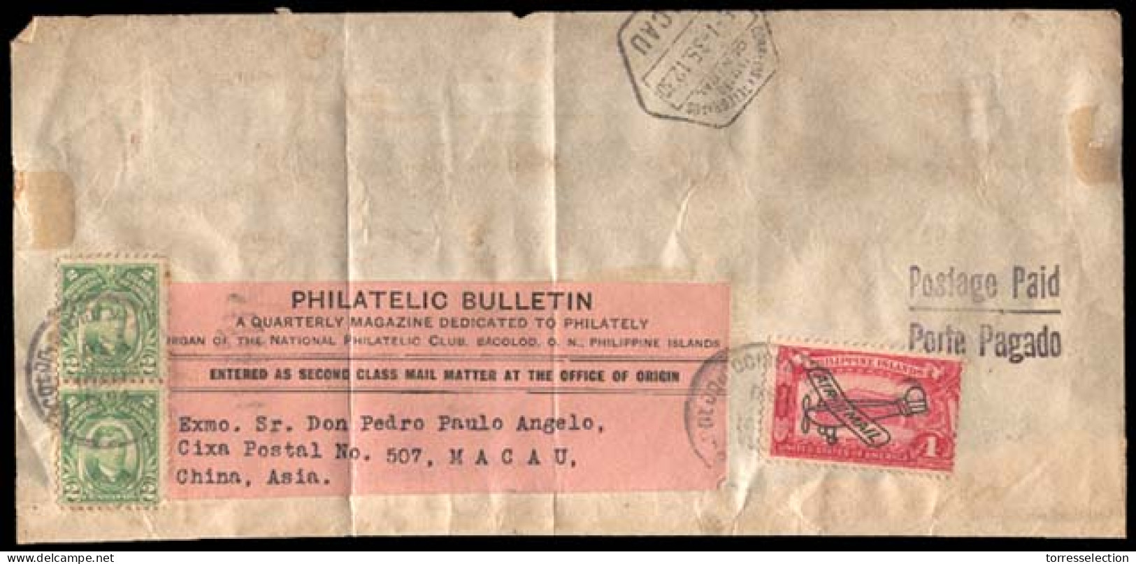 PHILIPPINES. 1935 (Dec.). PHILIPPINES-MACAU-CHINA. Bacolod To Macau (5 Jan 35). Wrapper Franked As Printed Matter Rate + - Philippines