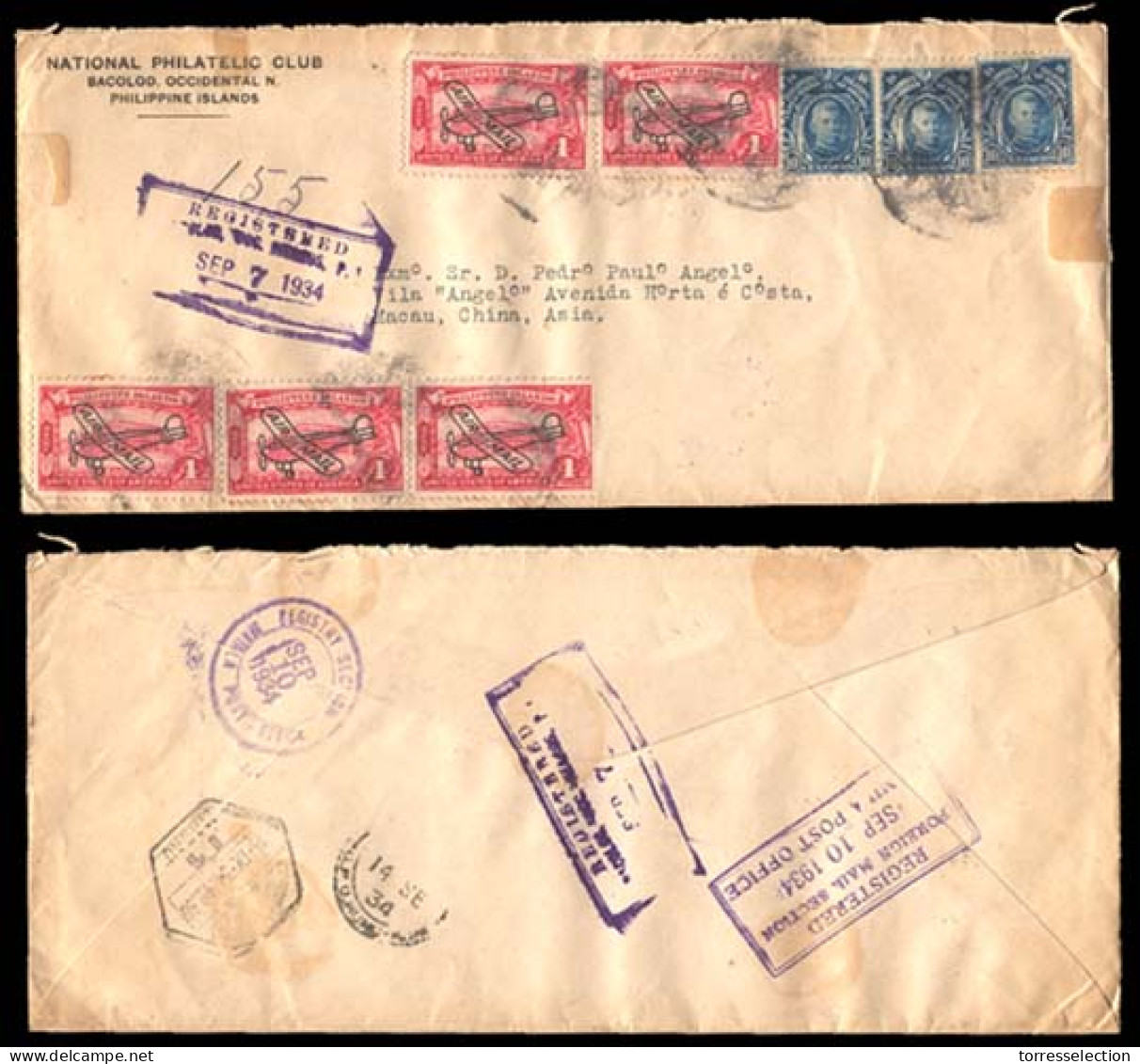 PHILIPPINES. 1934 (Sept. 7). PHILIPPINES-MACAU. Bacolod To Macau. Registered Airmail Envelope Via Manila (Sept. 10) And  - Philippines