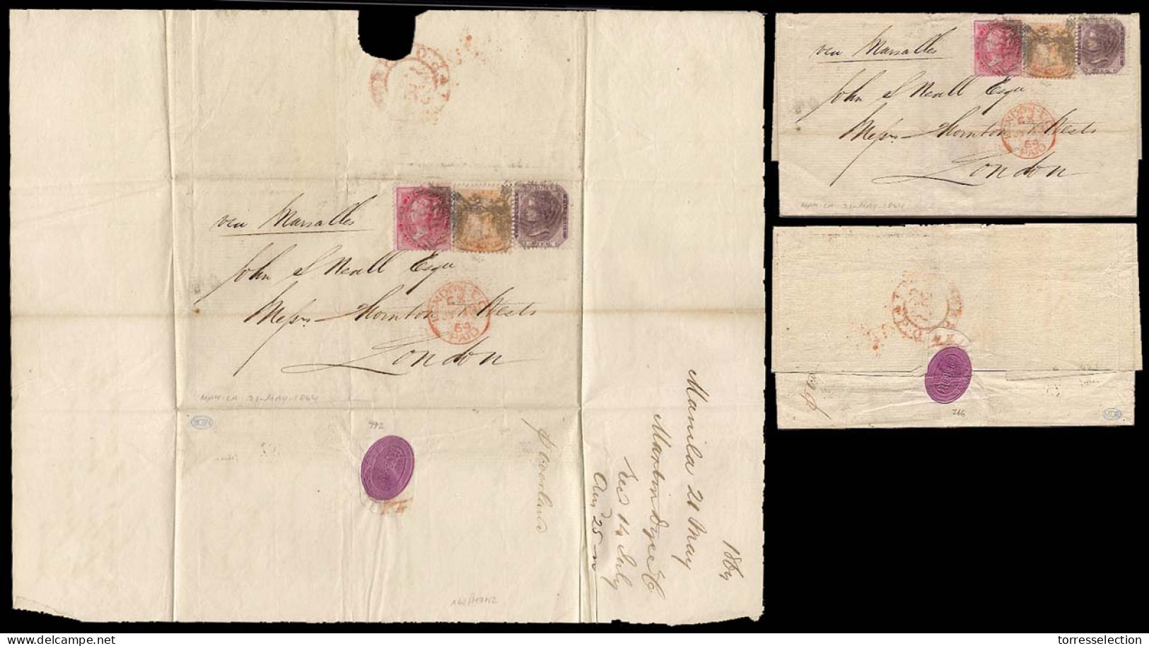 PHILIPPINES. SPANISH PHILIPPINES-INDIA-GB. 1864(May 21st). Cover From Manila Via Marseille To London Franked By India 18 - Filipinas