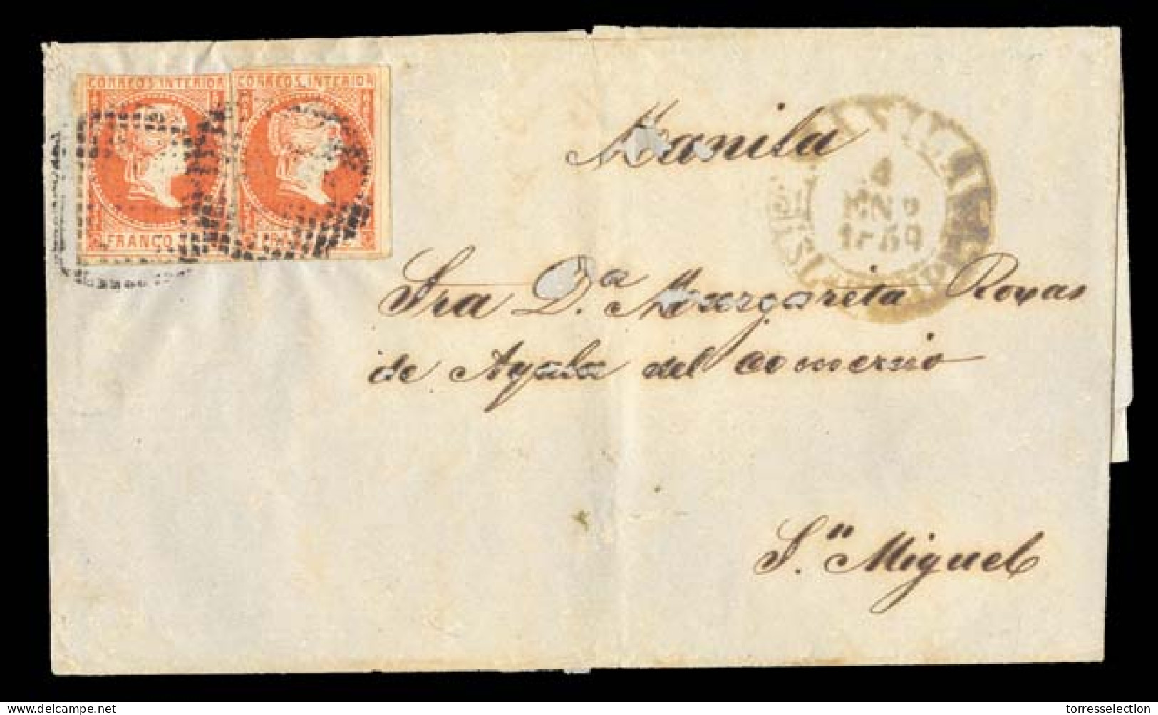 PHILIPPINES. 1859 (4 Enero). Ed.7 (x2). Manila To San Miguel. E.franked. 5c.vermilion (x2) Tied Cork Dots, Large Manila  - Filipinas