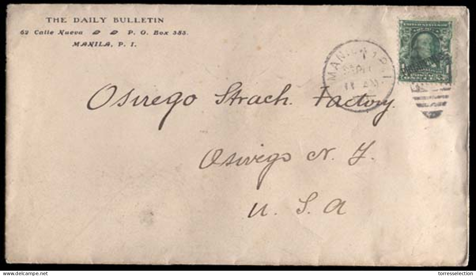 PHILIPPINES. 1908 (Sept 11) Manila To Osirigo, NJ, USA. Envelope Franked USA 1 Cent Green Ovptd. (Sc 226) Tied Cds. Carr - Philippines