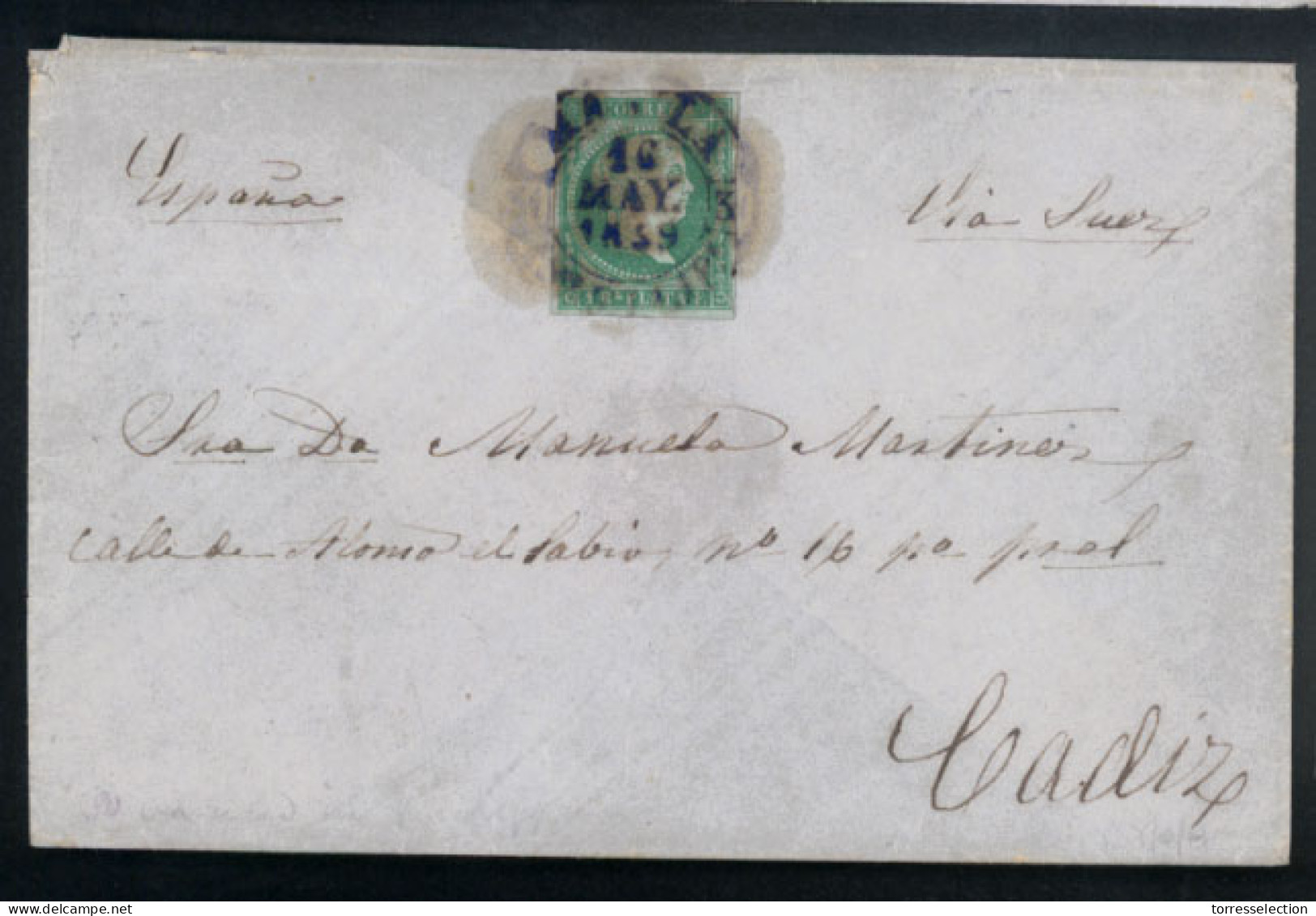 PHILIPPINES. 1859 (16 May). Ant.2. Manila A Cadiz/Peninsula. Sobre Con Franqueo En El Centro El 1Rl.verde Con Filigrana  - Filipinas