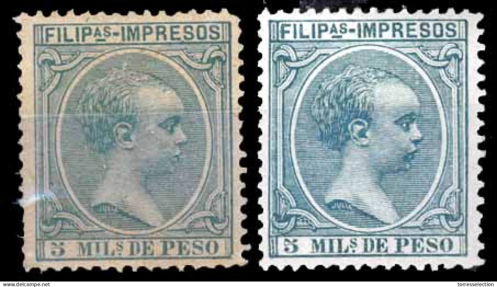 PHILIPPINES. 1891-93.  Alfonso XIII.  5 Ms Light Green Impresos.  Superb Mounted Mint Well Centered Copy Of This Extra R - Filipinas