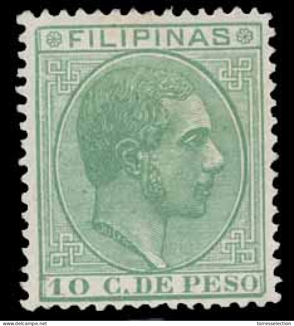 PHILIPPINES. 1886-89.  Alfonso XII.  10c Green.  Superb U/mint Well Centered Copy.  Extra Rare Stamp.  Edifil 98 #75 Pts - Philippines