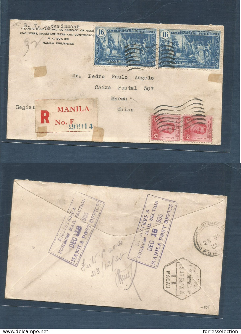 PHILIPPINES. 1935 (18 Dec) Manila - Macau, Portuguese China (23 Dec) Via HK. Registered Multifkd Env. Better Destination - Philippines