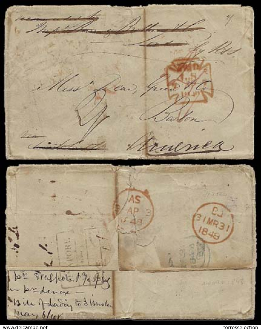 PHILIPPINES. 1848. Manila To Boston. Via Singapore-London/Southampton. Forwarded In London By Ross Brother. Charge 2 Shi - Philippines