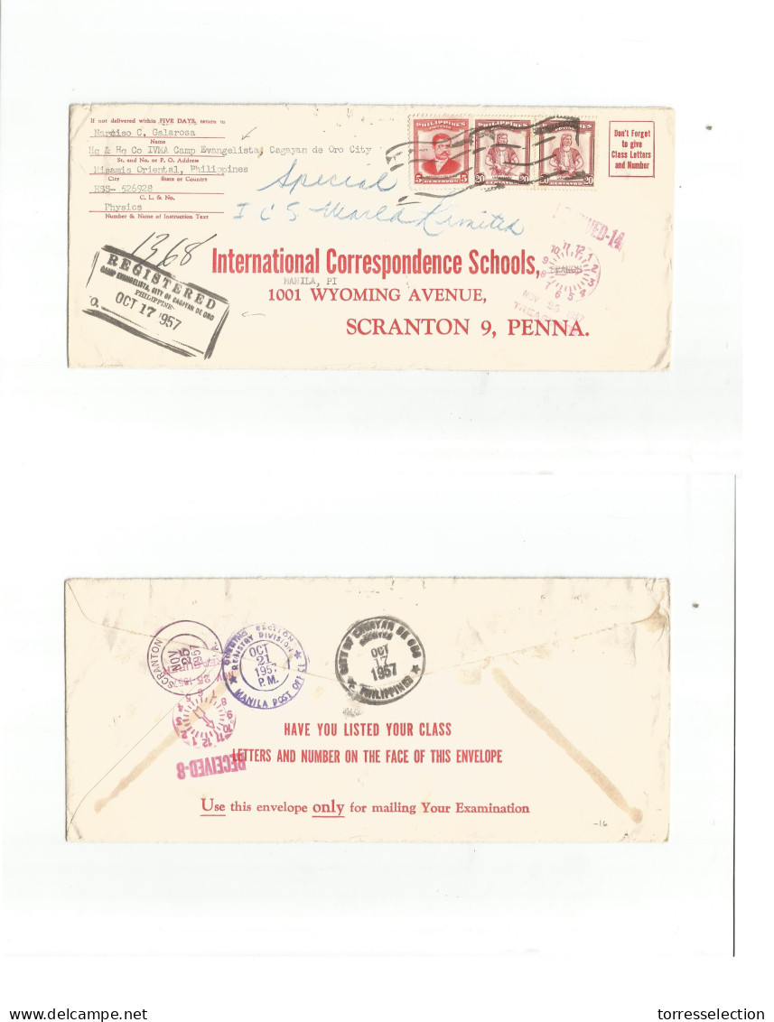 PHILIPPINES. 1957 (17 Oct) Camp Evangelista, Cagayan De Oro - USA, Scranton, PA (25 Nov) Air Multifkd Envelope Better Ca - Filippine