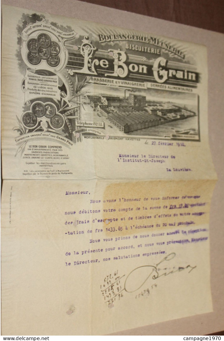 ANCIENNE FACTURE - BOULANGERIE BISCUITERIE " LE BON GRAIN " ( MORLANWELZ MARIEMONT ) 1918 - SUPERBE LITHO !! - 1900 – 1949