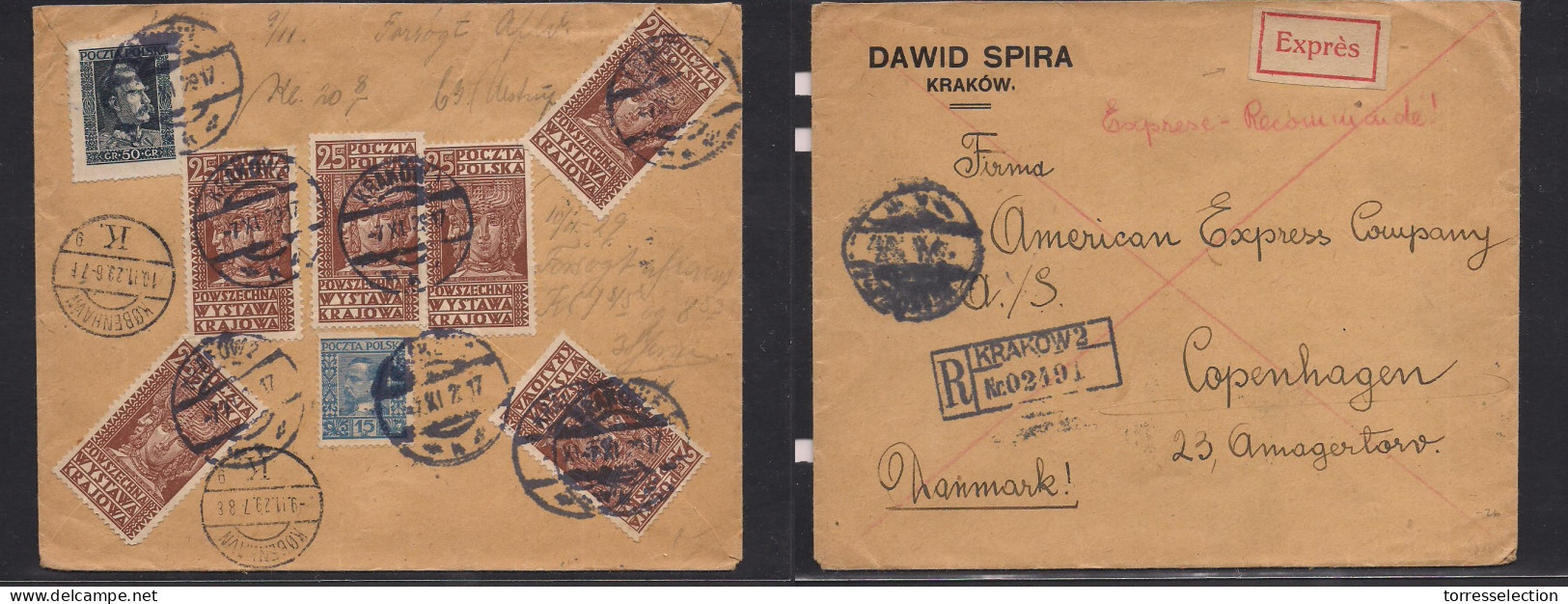 POLAND. 1929 (7 Nov) Krakow - Denmark, Cph. Registered Express Reverse Multifkd Env. Fine. - Sonstige & Ohne Zuordnung