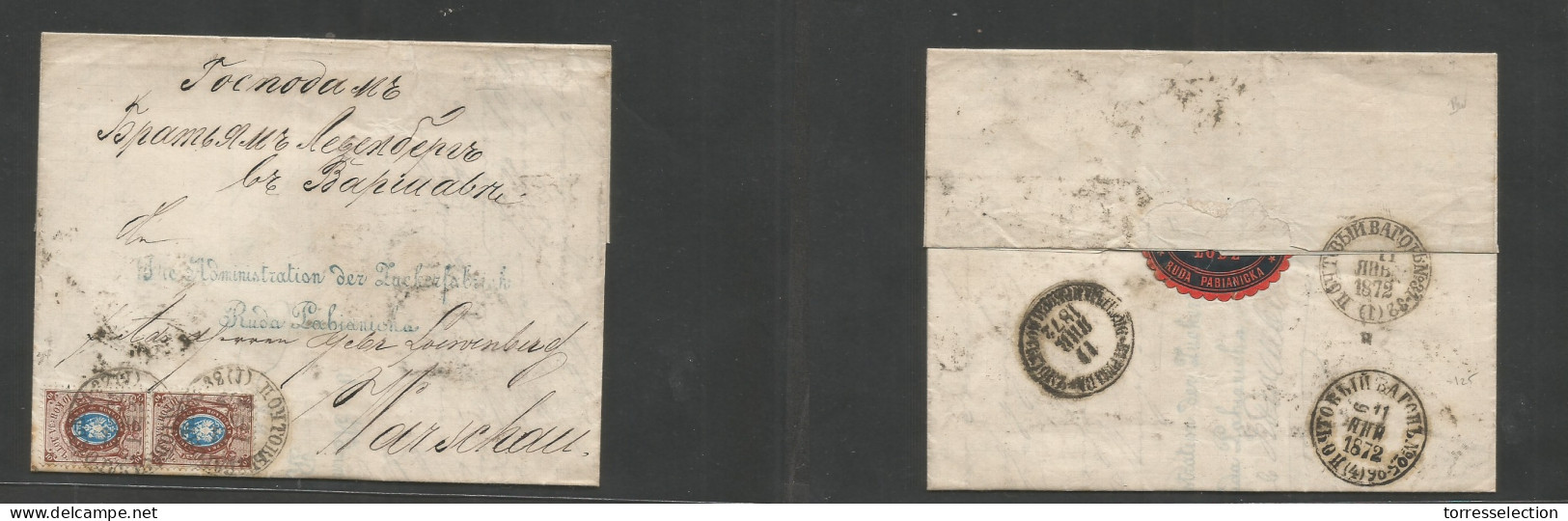 POLAND. 1872 (23 Jan) Russian Postal Adm. Ruda, Labianicha - Warsaw. EL With Text Fkd 10 Kop (x2) Cds. VF. Reverse Trans - Sonstige & Ohne Zuordnung