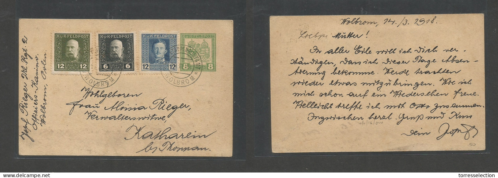 POLAND. 1918 (17 Jan) Austrian Postal Admin. Wolbrom - Katharen, Thonnau. Multifkd Stat Card + 3 Adtls On 38h Usage, Cds - Sonstige & Ohne Zuordnung
