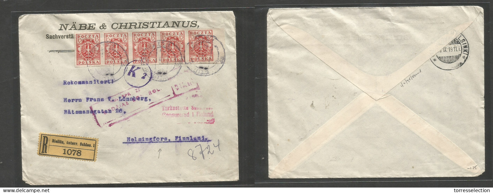 POLAND. 1919 (26 Sept) Bielitz - Finland, Helsinfors (25 Sept) Registered Censored WWI Multifkd Env 15sl Red Strip Of Fi - Sonstige & Ohne Zuordnung